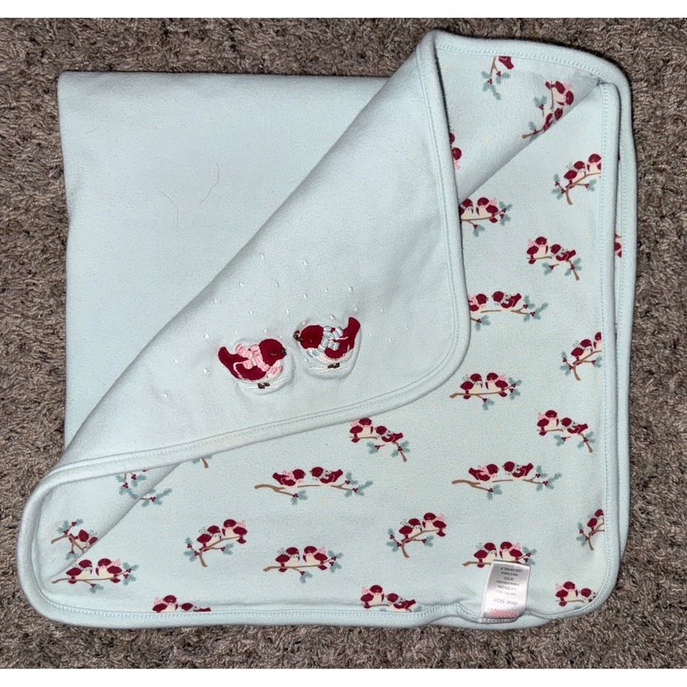 Gymboree Baby Blanket‎ 2009 Red Snowbirds 28" 100% Cotton Knit Light Aqua